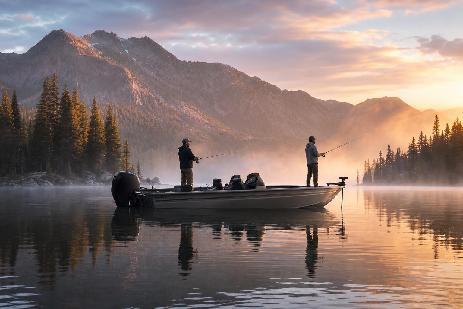 Anglers fishing from a boat on a misty Sierra Nevada alpine lake at dawn
